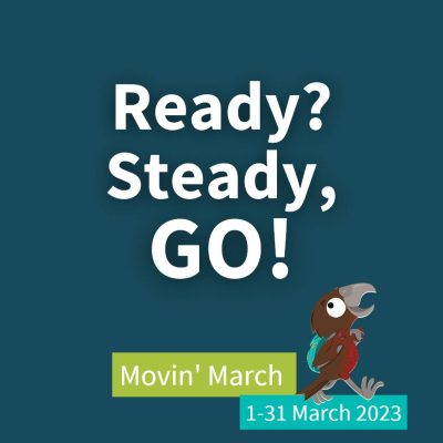 movin' march logo 2023 - a KEA WIT A BACKPACK SAYING READY? STEADY? go!